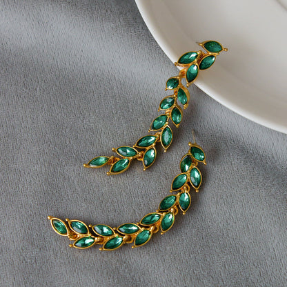 Micro-inlaid Green Zircon Wheat Earrings With A Personalized Long Tassel Design