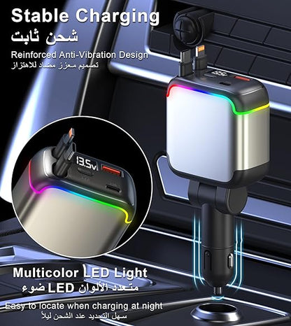 137W Fast Charging Car Charger，4-in-1 Adapter with 2 Retractable Cable | Cigarette Lighter with 65W Retractable Cable, USB C and USB A Charging Ports, Voltage Display, for iPhone/Android/iPad/Laptop