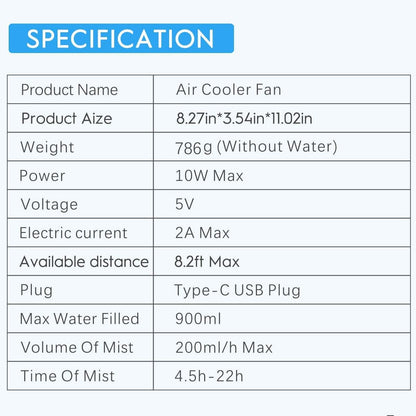 Portable Air Conditioner Fan with 3 Wind Speeds, Personal Cooling Fan, Air Cooler, Camping Air Conditioner