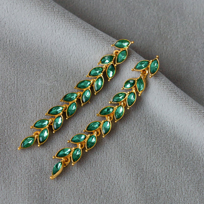 Micro-inlaid Green Zircon Wheat Earrings With A Personalized Long Tassel Design