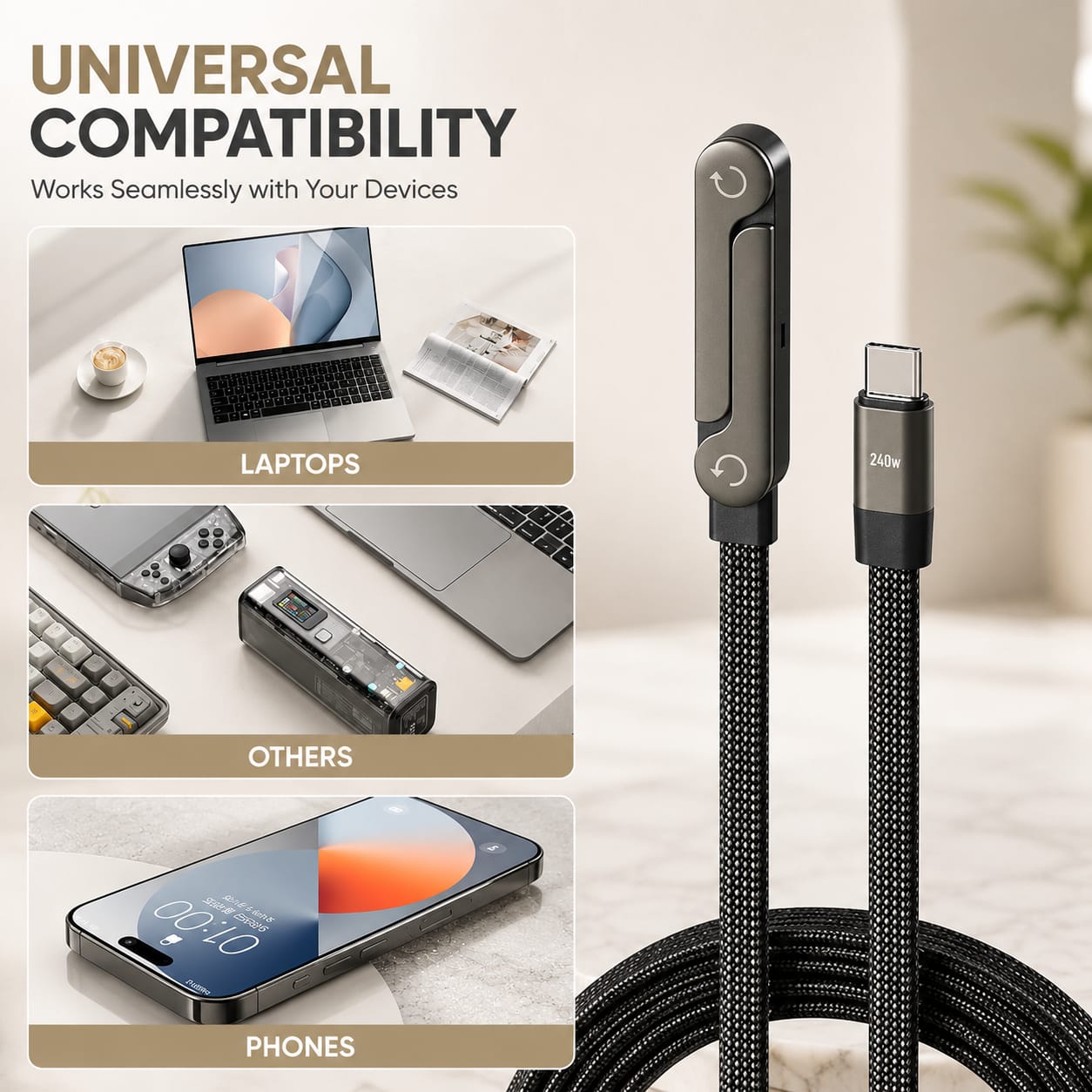 240W Foldable USB - C Fast charging Cable organizer