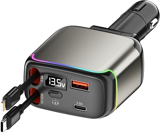137W Fast Charging Car Charger，4-in-1 Adapter with 2 Retractable Cable | Cigarette Lighter with 65W Retractable Cable, USB C and USB A Charging Ports, Voltage Display, for iPhone/Android/iPad/Laptop