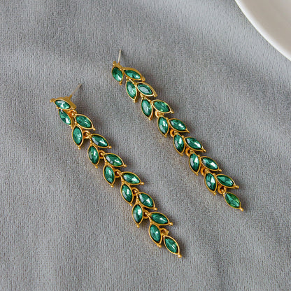 Micro-inlaid Green Zircon Wheat Earrings With A Personalized Long Tassel Design
