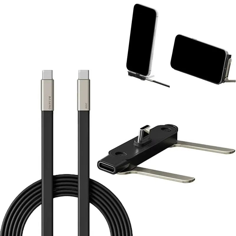240W Super Fast Type C Charging 360° Rotating 2 in 1 Stand Data Cable For Android / iPhone